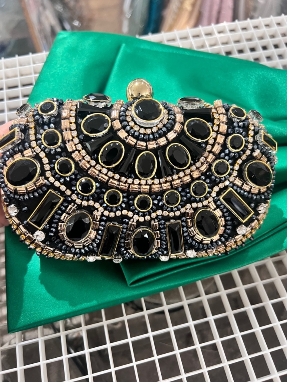Beaded Black Gemstone Evening Clutch with Gold Accents